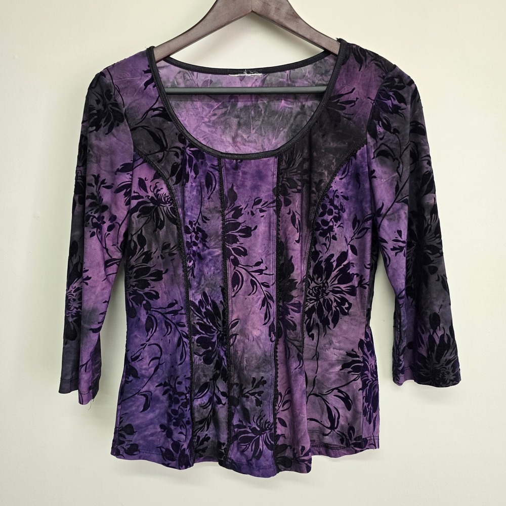 Burnout Velvet Floral Top Women Medium‎ Purple 3/4 Sleeve Whimsigoth Fairy Goth